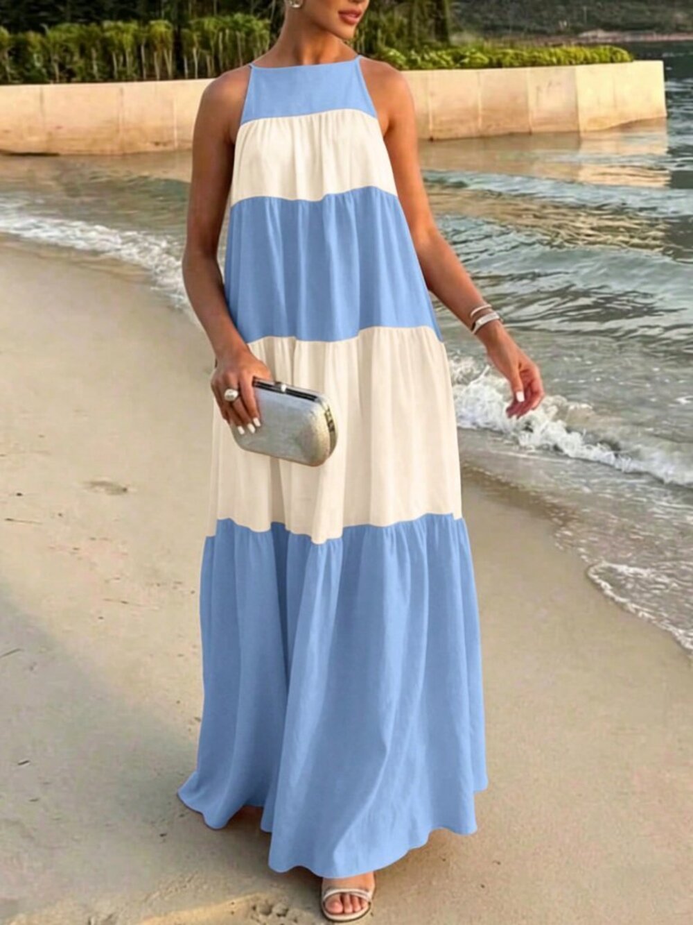 blue stripe Casual Women's Colorblock maxi dress - Picture 3 of 7